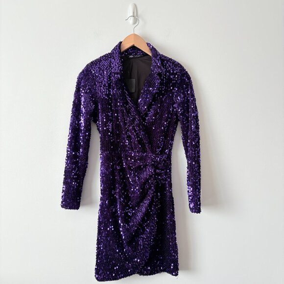 Zara Festive Sequin Blazer Dress Long Sleeve Collar Purple Blogger Fav Size XS - Picture 5 of 9